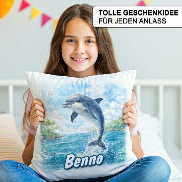 Personalisiertes Kissen mit Delfin und Name bedruckt