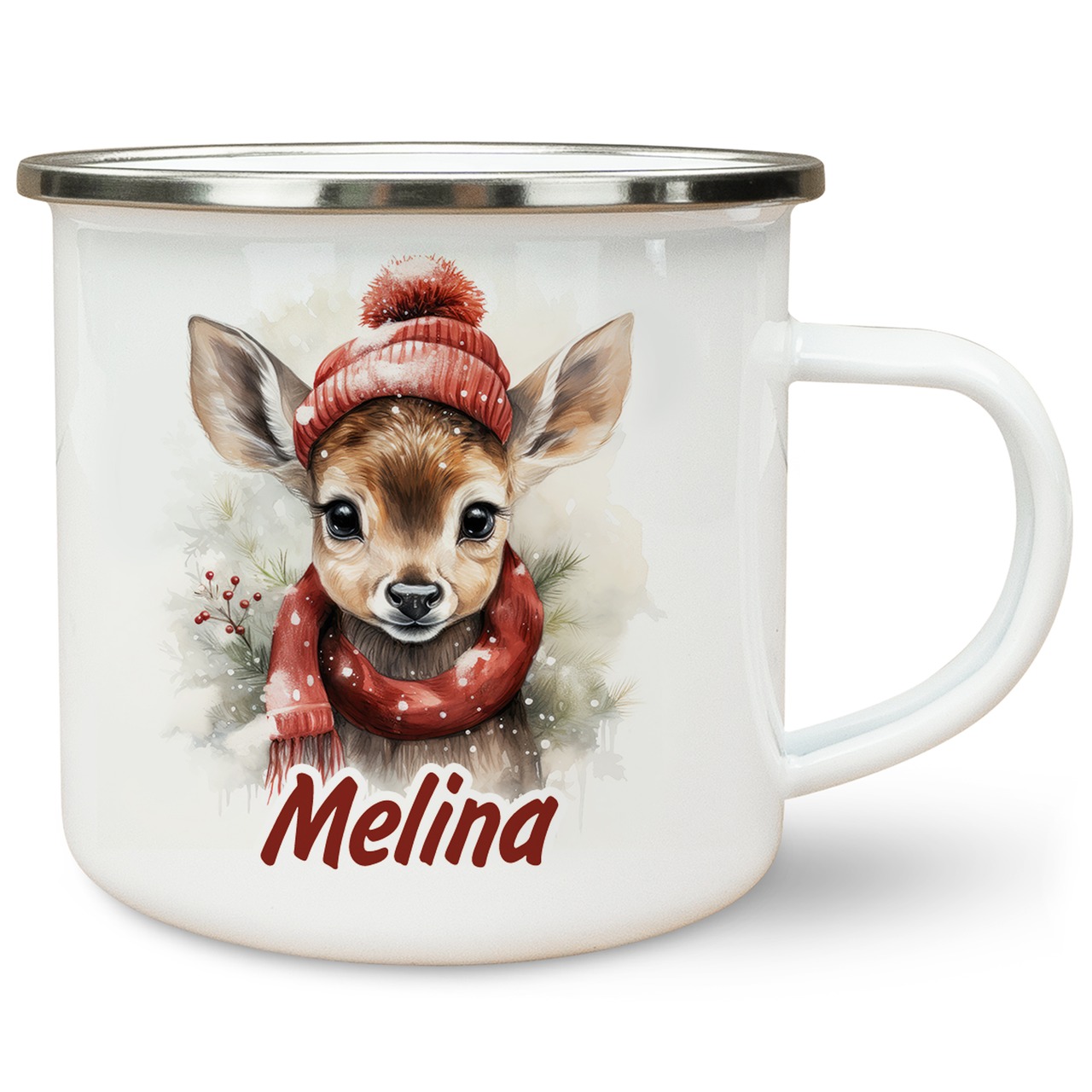 Unikatolo Emailletasse Reh Winter personalisiert mit Name