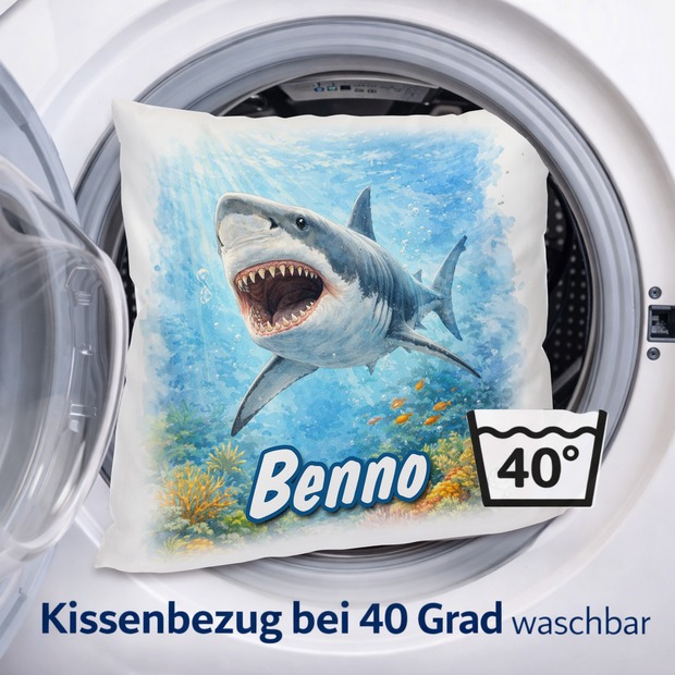 Personalisiertes Kissen mit Hai und Name bedruckt