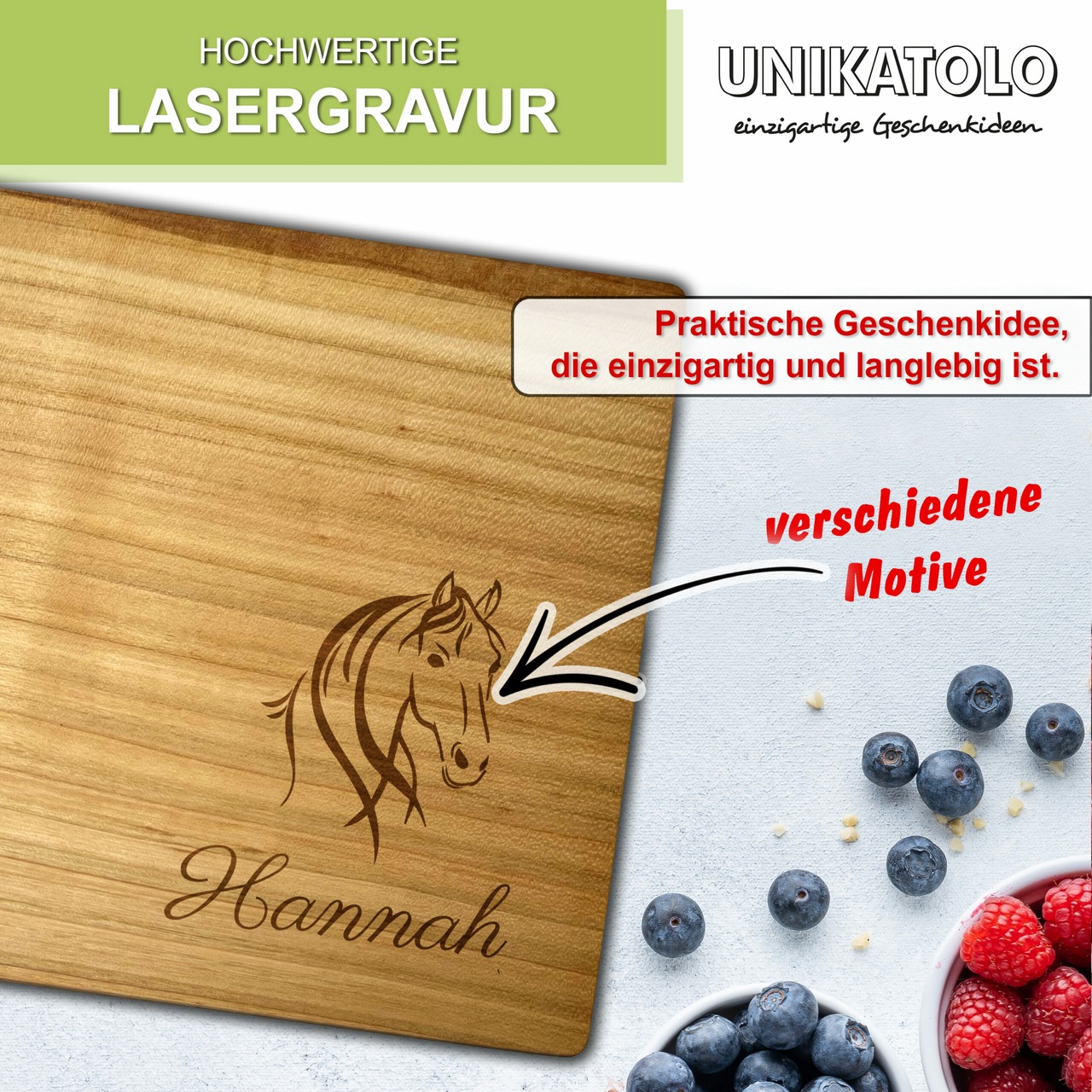 Unikatolo Herz Schneidebrett Kirschholz mit Name + Pferd