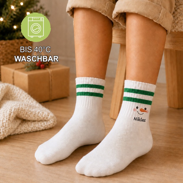 Weihnachtssocken Schneemanngesicht mit Name