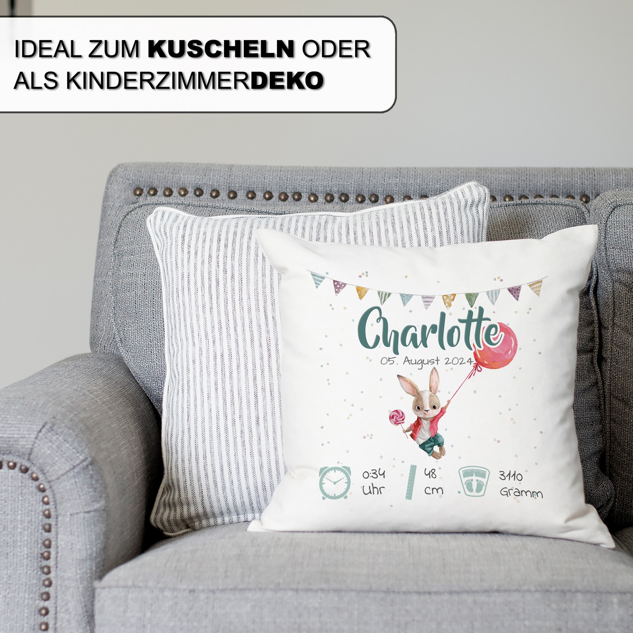 Personalisiertes Kissen zur Geburt mit Geburtsdaten | Luftballon Hase