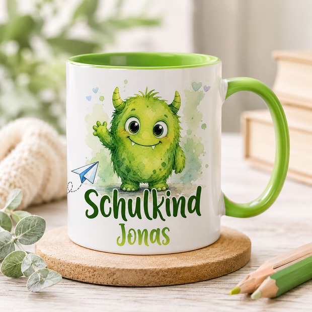 Unikatolo Tasse Schulkind Monster mit Name personalisiert GRÜN