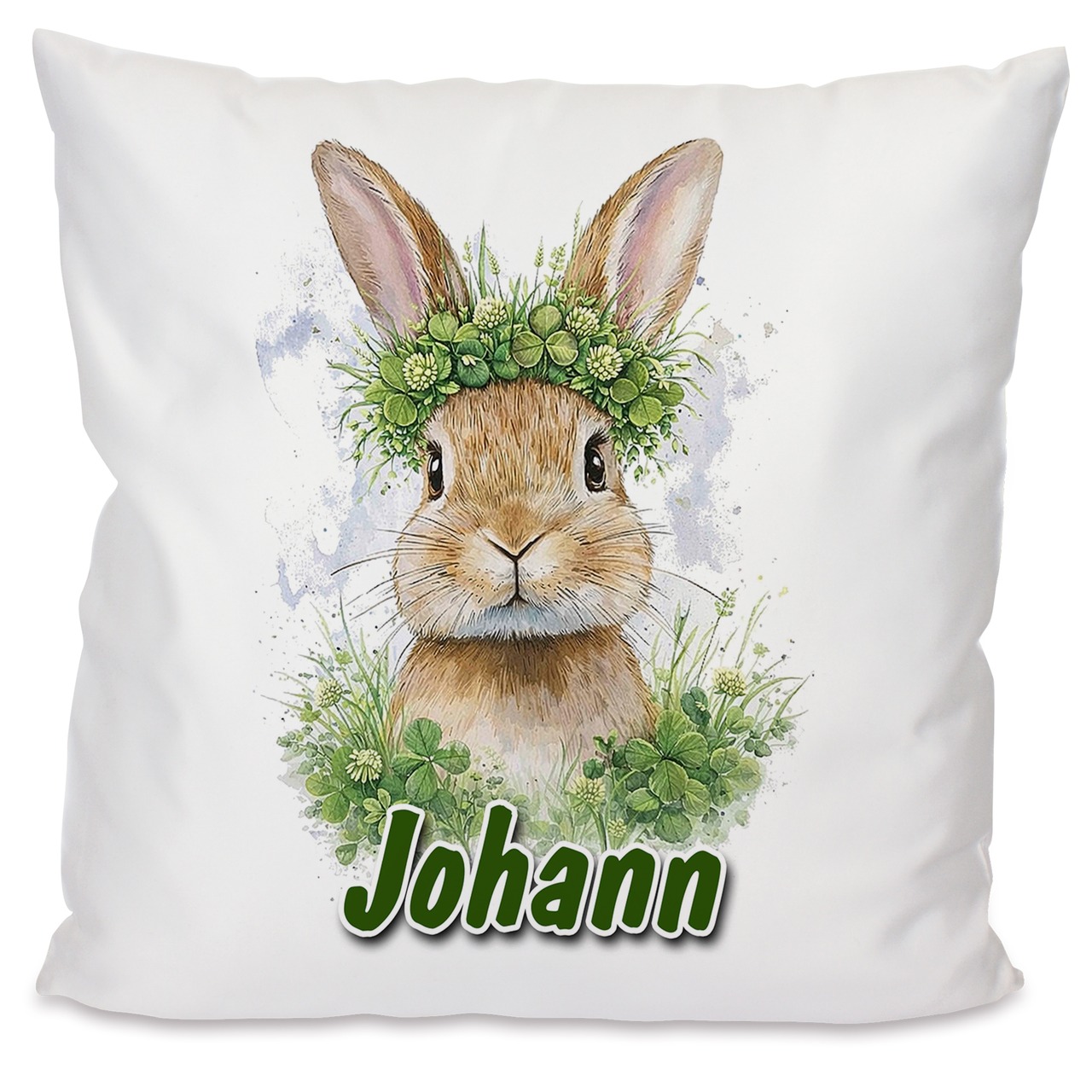 Personalisiertes Kissen mit Hase im Klee und Name bedruckt