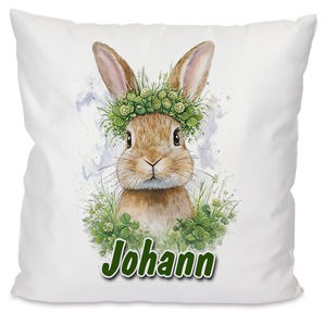Personalisiertes Kissen mit Hase im Klee und Name bedruckt