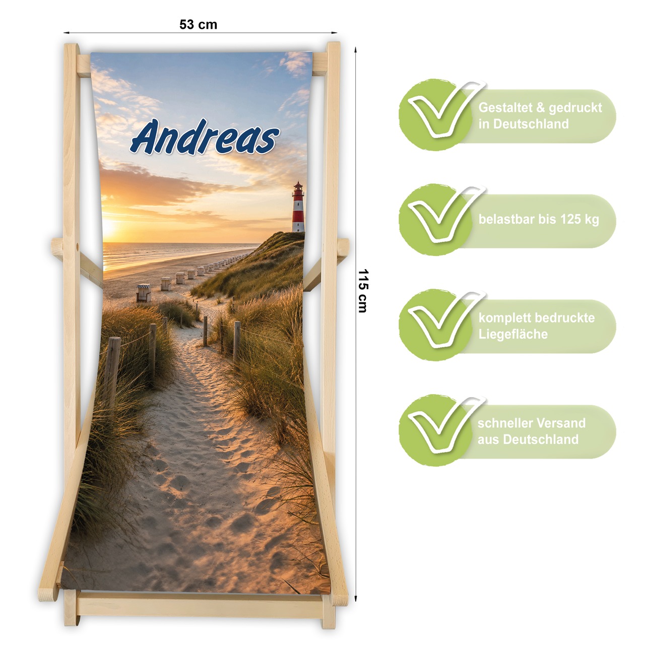 Unikatolo Liegestuhl mit Küstenmotiv und Name personalisiert | Nordsee