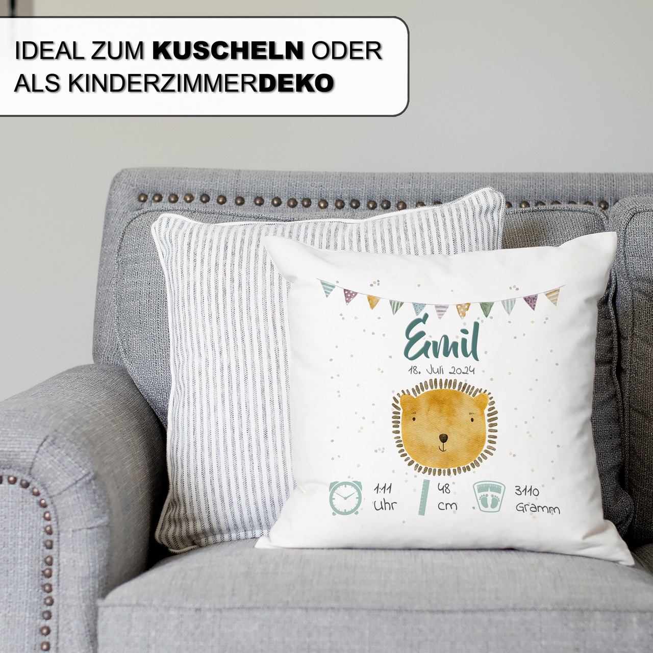 Personalisiertes Kissen zur Geburt mit Geburtsdaten | Löwe