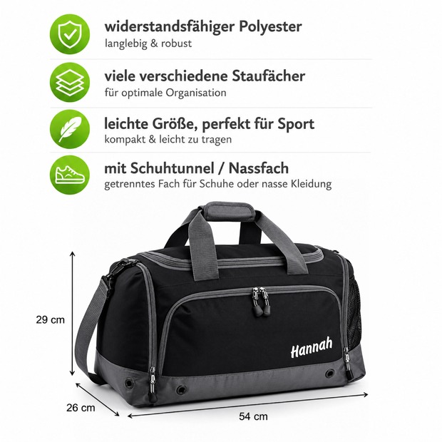 Unikatolo Sporttasche mit Name personalisiert Kinder & Erwachsene | SCHWARZ