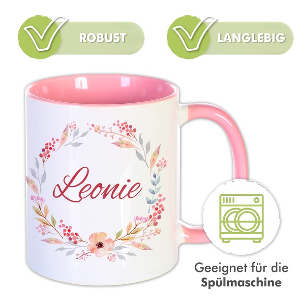 Unikatolo Tasse mit Name personalisiert Motiv Blumenranke ROSA