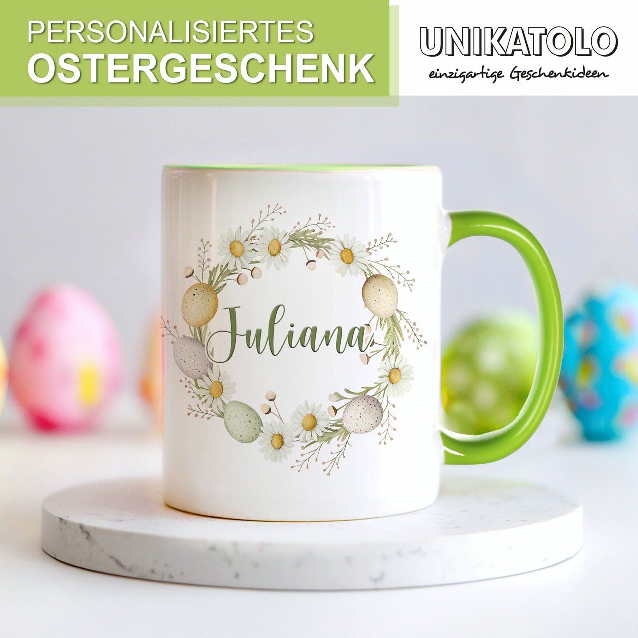 Unikatolo Ostertasse mit Name personalisiert Osterkranz