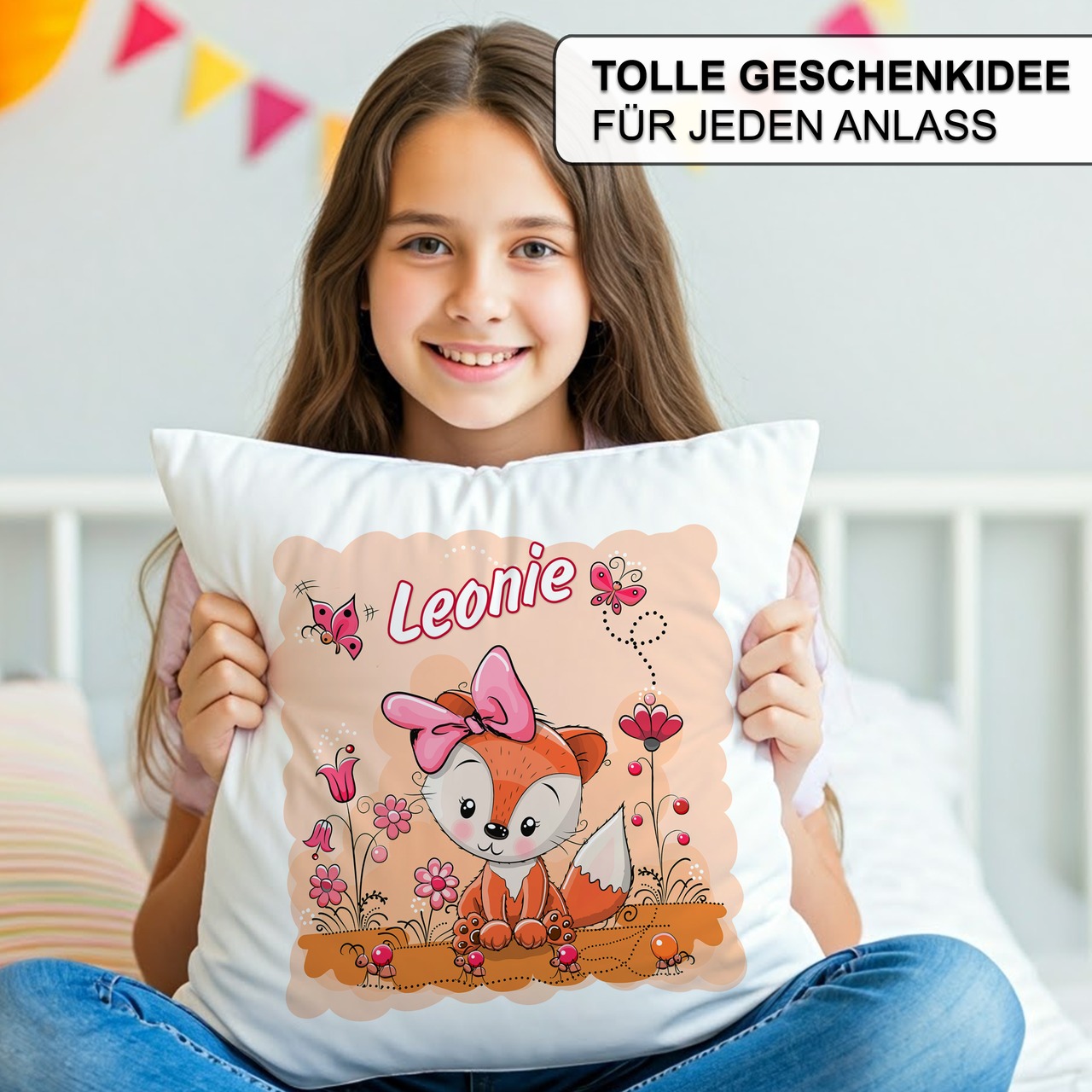Unikatolo Kissen Motiv Fuchs - Mädchen mit Name personalisiert