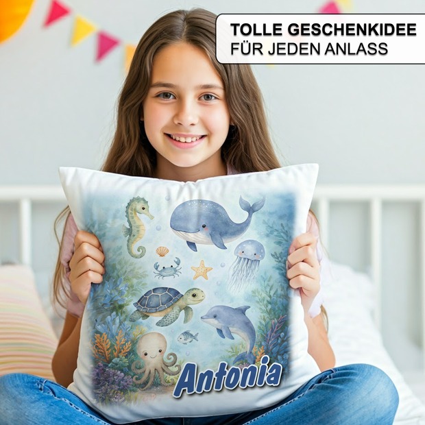 Personalisiertes Kissen mit Unterwasserwelt und Name bedruckt