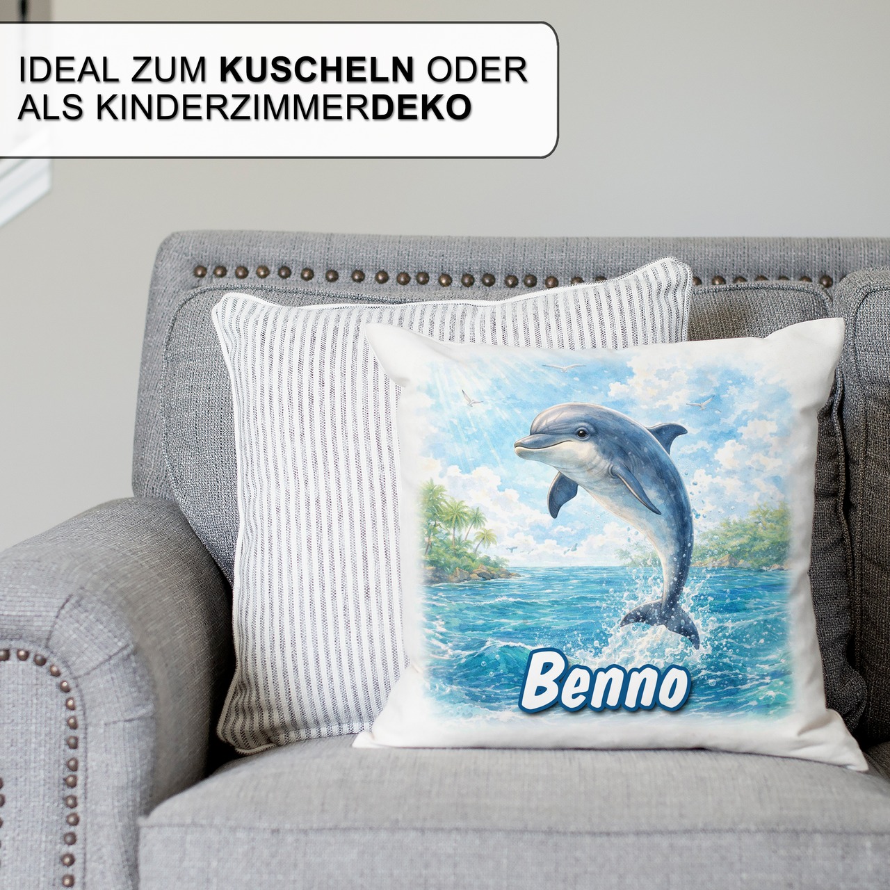 Personalisiertes Kissen mit Delfin und Name bedruckt