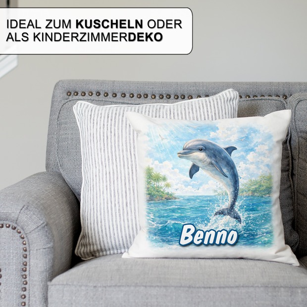 Personalisiertes Kissen mit Delfin und Name bedruckt