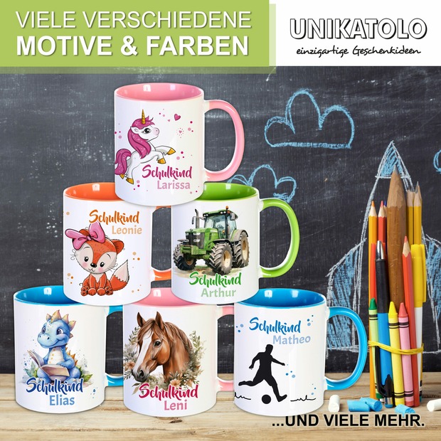 Unikatolo Tasse Schulkind Traktor und Name personalisiert grün