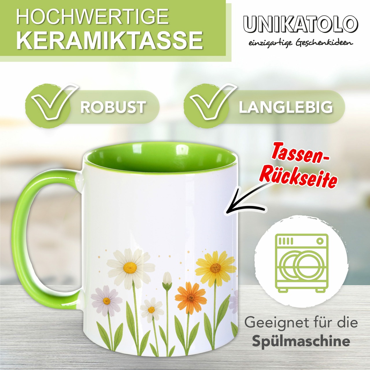 Unikatolo Tasse zum KiTa Abschied Blume mit Name bedruckt