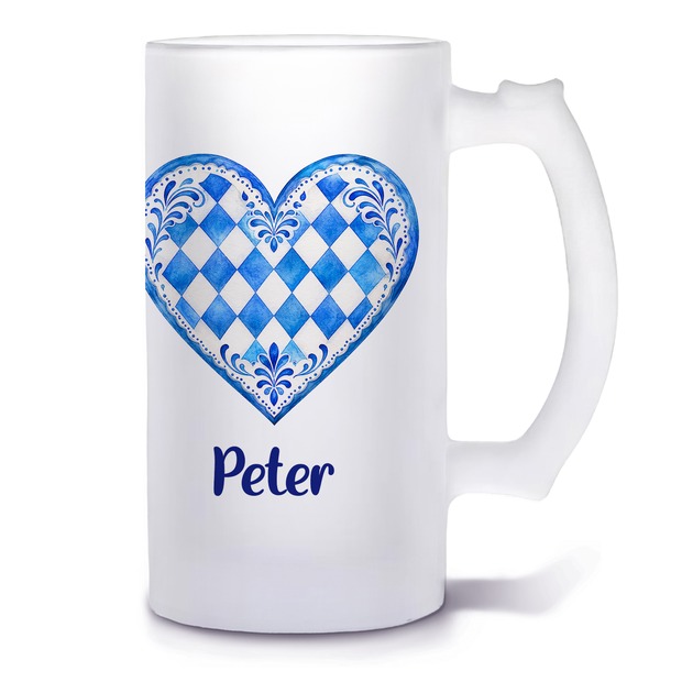 Unikatolo Bierkrug mit Name personalisiert - Herz Bayern blau weiß